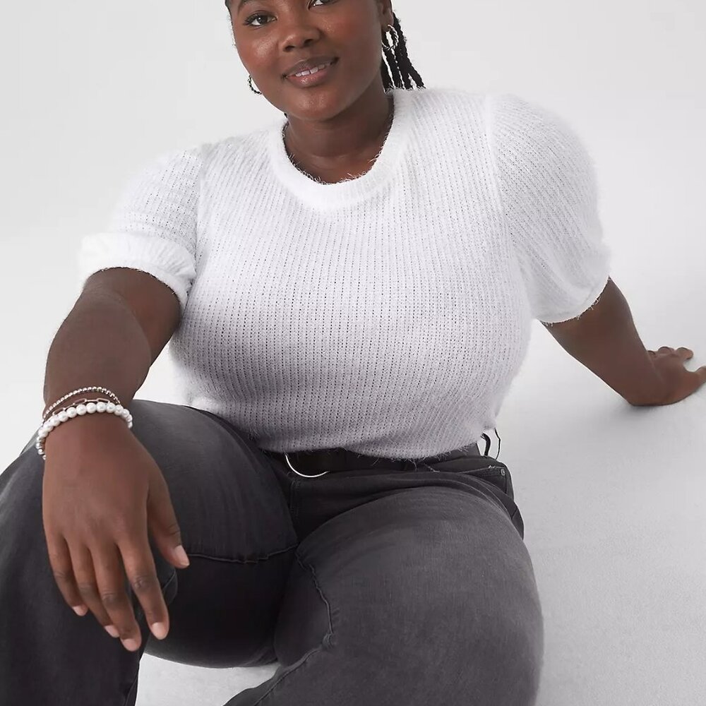 NWT Size 14-16 White / Ivory Lane Bryant Short-Sleeve Eyelash Sweater